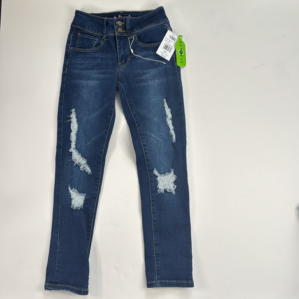 YMI Girl‎ Kids Skinny Jeans Size 8 Dark Wash Distressed Rip Repair GP239151 NEW